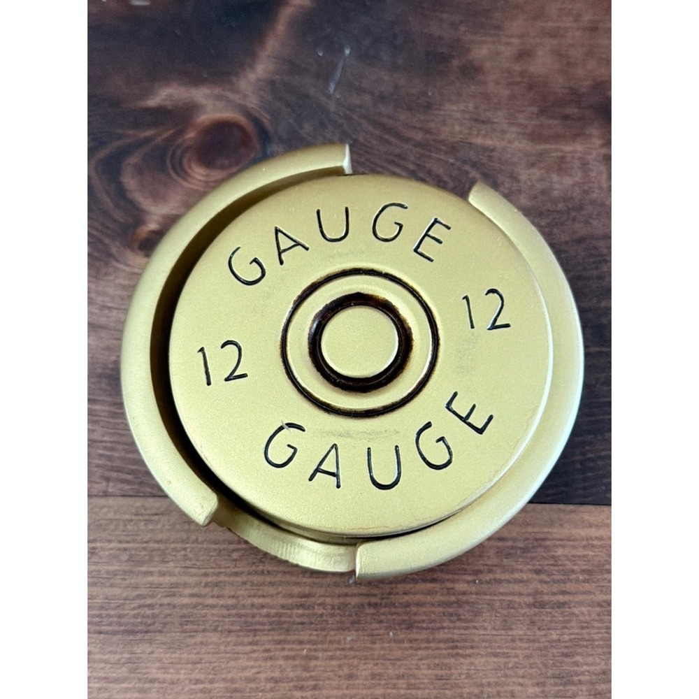 12 Gauge Shotgun Shell Coaster Set with Holder Gold Red Resin 5 Piece Set